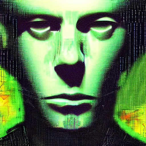 Image similar to hyperrealistic portrait of a cyberpunk teenager, male, confident, cybernetics, immersed within a glitch network, by Guy Denning, Metzinger, Russ Mills, glitch art, hyper focus, fine detail, hacking effects, digital tech effects, chromatic, color blocking!, green, acrylic on canvas, concept art, abstract, trending on cgsociety, trending on artstation