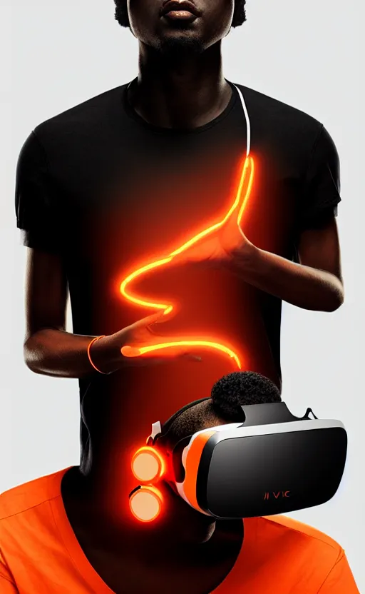 Image similar to handsome black genius hacking the metaverse, vr headset, white t - shirt and jordans floating, three dimensional holographs and translucent orange glow, highly detailed, digital painting, artstation, concept art, smooth, sharp focus, illustration, art by wlop, uang guangjian and gil elvgren and sachin teng and greg rutkowski