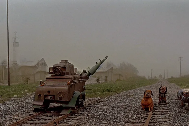 Image similar to giant oversized chubby bulky armored train Dachshund dog robot mech, with big pug head , rocket launcher , on a village , Cinematic focus, fujicolor photo, vintage, neutral colors, soft lights, foggy, panorama by by Serov Valentin, by lisa yuskavage, by Andrei Tarkovsky