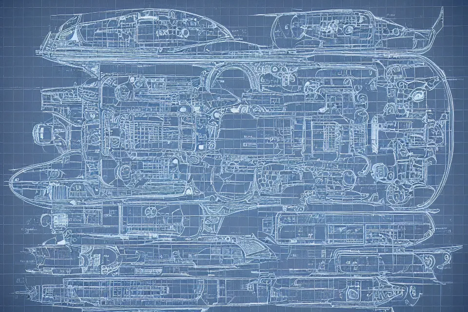 Prompt: an intricately detailed blueprint of a large spaceship