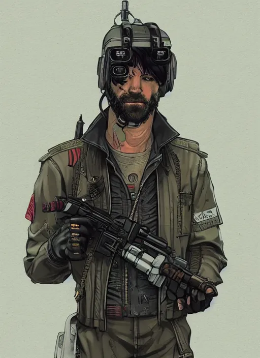 Prompt: Confident Ezra. clever cyberpunk mercenary wearing a cyberpunk headset, military vest, and pilot jumpsuit. bearded face. Realistic Proportions. Concept art by James Gurney and Laurie Greasley. Moody Industrial skyline. ArtstationHQ. Creative character design for cyberpunk 2077.