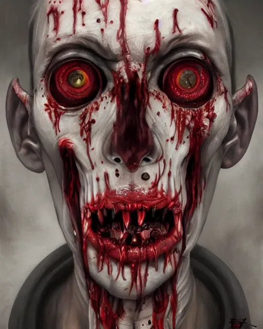 Image similar to Haunting horrifying hyperrealistic detailed painting of a tall slim flesh demon covered in thick black blood, heavy metal, disgusting, creepy, unsettling, and bloodshot eyeballs, hyper detailed, trending on Artstation