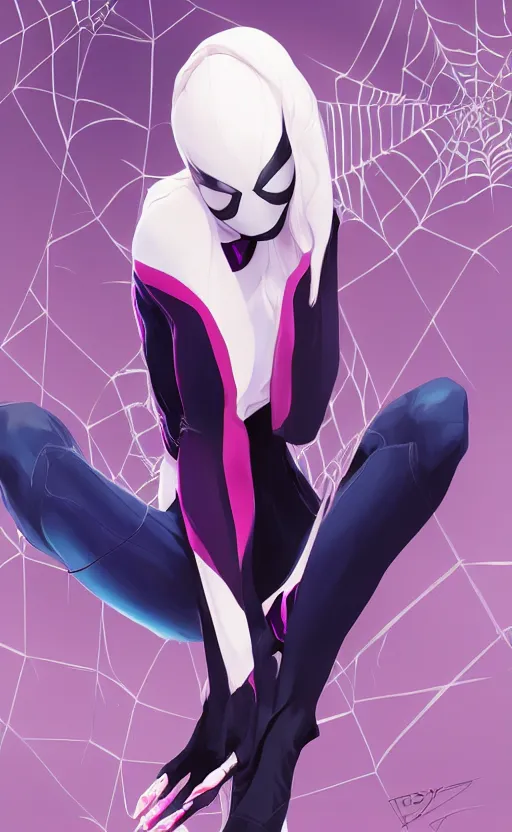 Image similar to Spider-Gwen, highly detailed, digital painting, artstation, concept art, smooth, sharp focus, illustration, art by artgerm and alphonse mucha, high definition digital art, in the style of ilya kuvshinov and Ross tran