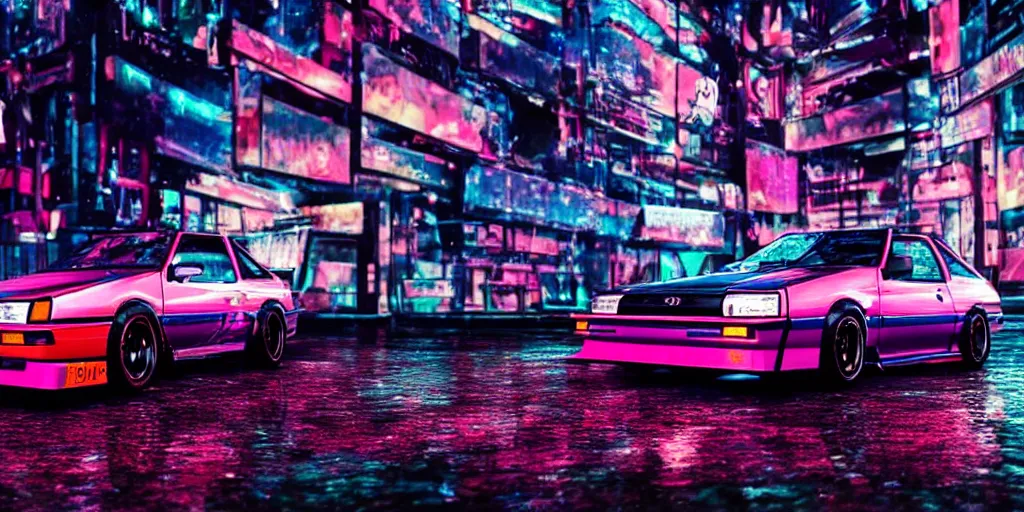 Image similar to toyota ae 8 4 sprinter trueno parked in a cyber punk alley, retrowave, synth colors, photo realistic, 8 k, rain, raytracing, reflections, neon colors,