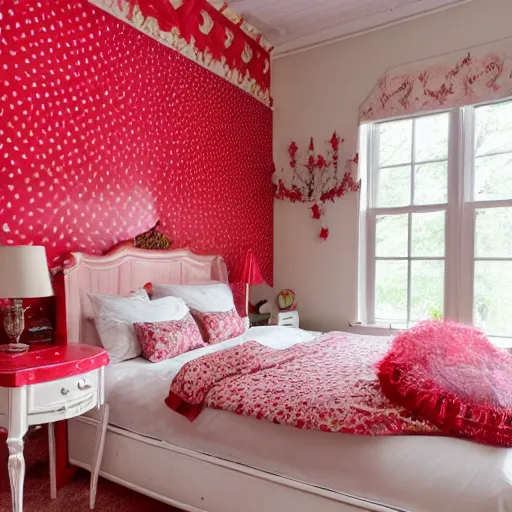 Prompt: deisgner photography of bedroom themed to strawberry motif. bed has strawberry blankets. wall has strawberry pattern. furniture has strawberry motif. furniture is shaped like strawberries. carpet has strawberry motif. lighting has strawberry shapes.