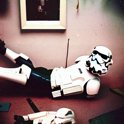 Prompt: Polaroid photo, cinematic tone, A stormtrooper lying on their backs on the floor, cluttered 80s American room, liquor bottles and clothes scattered on the floor