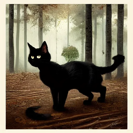 Image similar to a black cat looking curiously, there is a forest in the background, texture, intricate, details, highly detailed, greg rutkowski style, masterpiece, architecture, building, trending on artstation, focus, sharp focus, concept art, digital painting, fantasy, sunny, day, golden hour