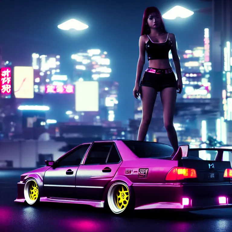 Image similar to toyota jzx 1 0 0 drift, detailed - wheels, shibuya prefecture, with cyberpunk girl standing, cinematic lighting, photorealistic, night photography, octane render