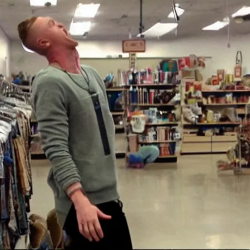 Image similar to Macklemore having a mental breakdown at Goodwill