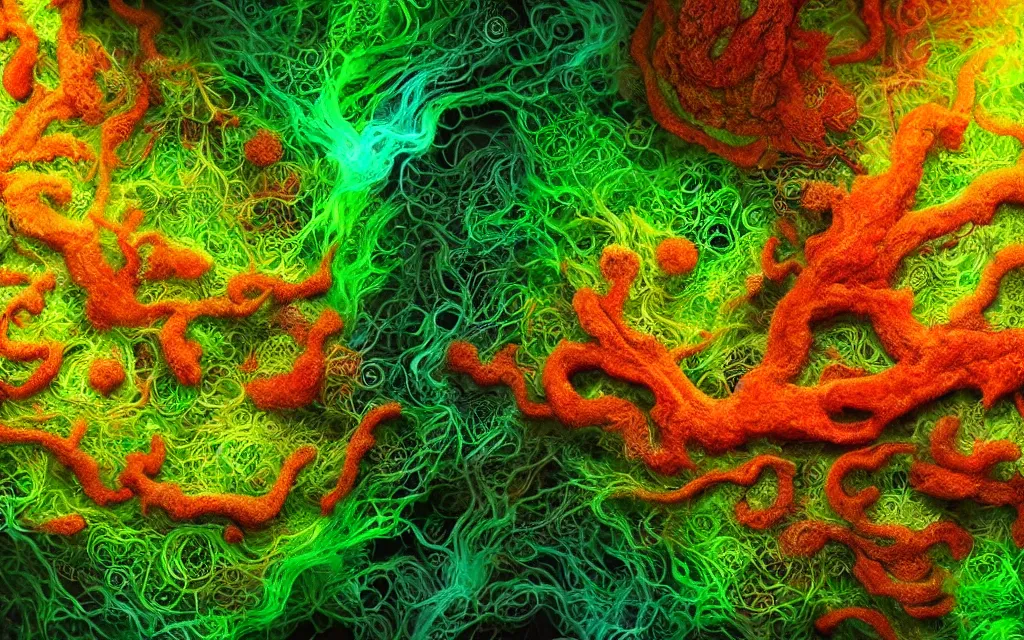 Prompt: a beautiful macro photography of moss with alien coral fractals, colorful vivid sharp and vectorized curls, hyper detailed, warm volumetric lights , made by Gerald Brom and Mike Winkelmann, 8K HD trending on art station