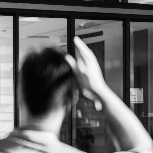 Prompt: photo of a young man waving goodbye emotionally to a group of his coworkers in office, 25mm, f8