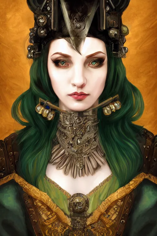 Prompt: portrait, headshot, digital painting, of a 17th century, beautiful, wicked, cyborg merchant girl, dark hair, amber jewels, baroque, ornate dark green clothing, scifi, futuristic, realistic, hyperdetailed, concept art, art waterhouse