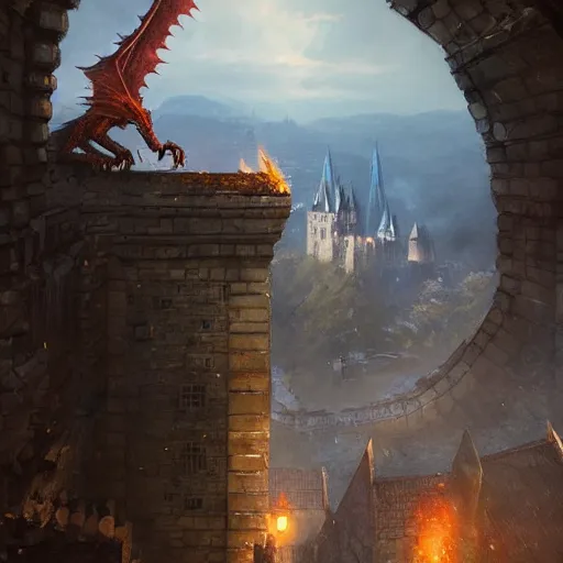 Image similar to a dragon attacking a castle, city background, dramatic light, gorgeous view, depth, high detail, digital art, painted by greg rutkowski, trending on artstation