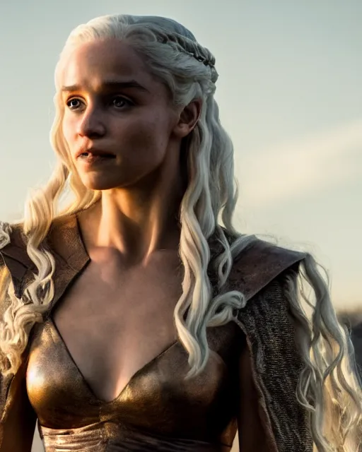 Image similar to shantel vansanten as daenerys targaryen, golden hour, cinematic