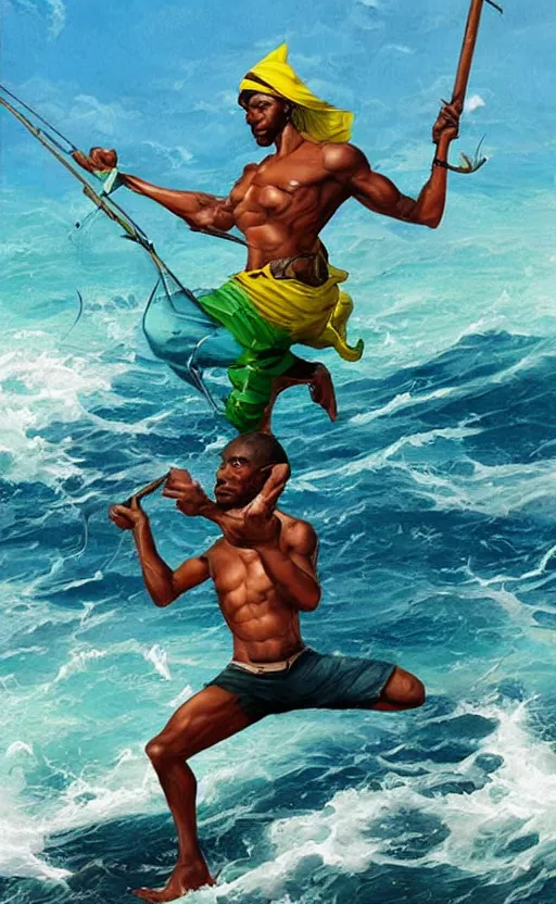 Image similar to character concept of a singular Jamaican fisherman posing in a battle stance in the Jamaican sea, colors of Jamaica, by Ross Tran and Artgerm and Peter Mohrbacher