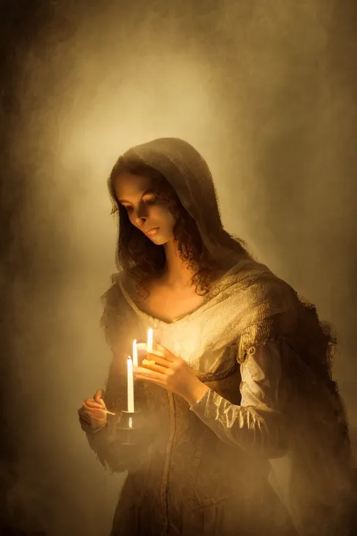 Image similar to baroque gothic woman lit by a single candle, 4 k resolution, concept art, mist, autumnal, chiaroscuro,