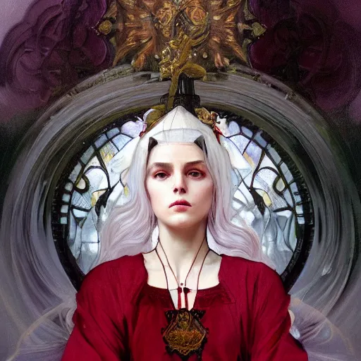 Image similar to portrait of a beautiful ethereal delicate meditative catholic bishopric sacred pose catholic steps of the cross, white hair with big black and red horn, intricate, elegant, highly detailed, digital painting, artstation, concept art, smooth focus et sharp, illustration, art by krenz cushart and artem demura and alphonse mucha