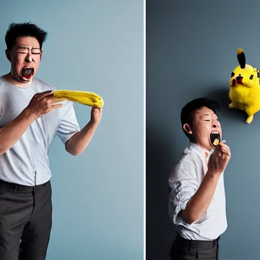 Prompt: portrait sneezing mid - sneeze midsneeze detective sneezing pikachu mid - sneeze wiping face with rag at a photoshoot studio lighting