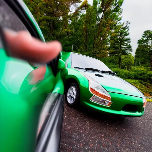 Prompt: a redhead woman driving a Jada toys mitsubishi eclipse green diecast car, high resolution macro photo, viewed through the cars window