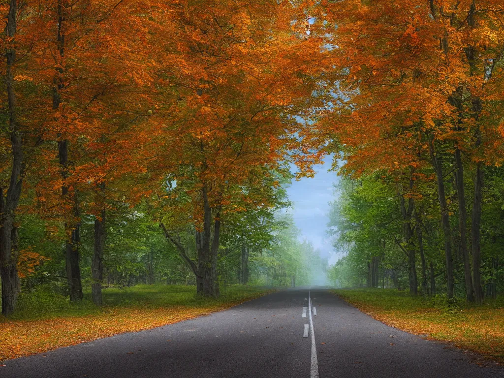 Prompt: Going to the end of the road, there are maple trees on both sides of the road, and maple leaves are floating in the air, Vanishing Point, hdr, ue5, unreal engine 5, cinematic 4k wallpaper, ultra detailed, high resolution, artstation, award winning.
