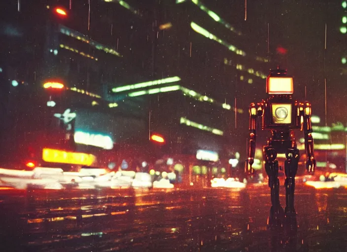 Image similar to a 2 8 mm macro kodachrome photo of a tall huge metallic cyborg droid with glowing lights, running on a rainy night in the city in the 1 9 5 0's, seen from a distance, canon 5 0 mm, cinematic lighting, film, photography, award - winning, neon, cyberpunk, blade runner