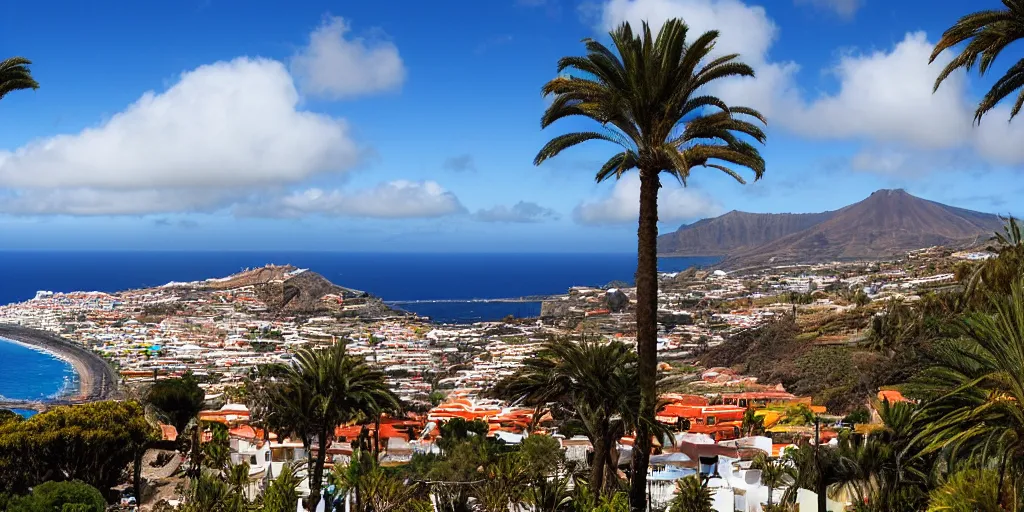 Prompt: Trending on artstation, beautiful Tenerife landscape as seen from Puerto de la Cruz