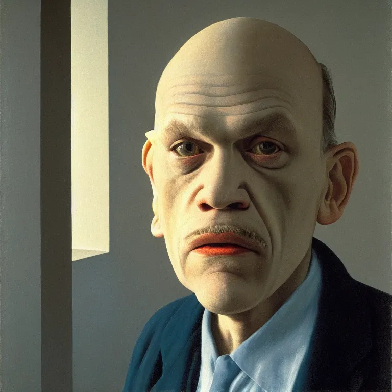 Prompt: John Malkovich as John Malkovich as he paints John Malkovich, by Rene Magritte and Edward Hopper, soft lighting, serene, 8k