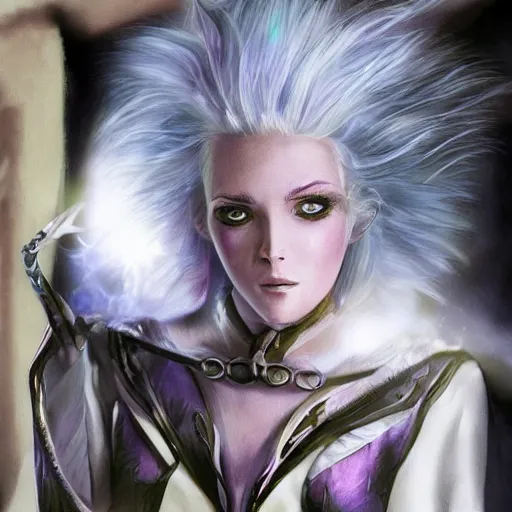 Image similar to Kristen Stewart as a Drow Elf wizard with white hair and purple skin. Photorealistic digital art trending on artstation, artgem.