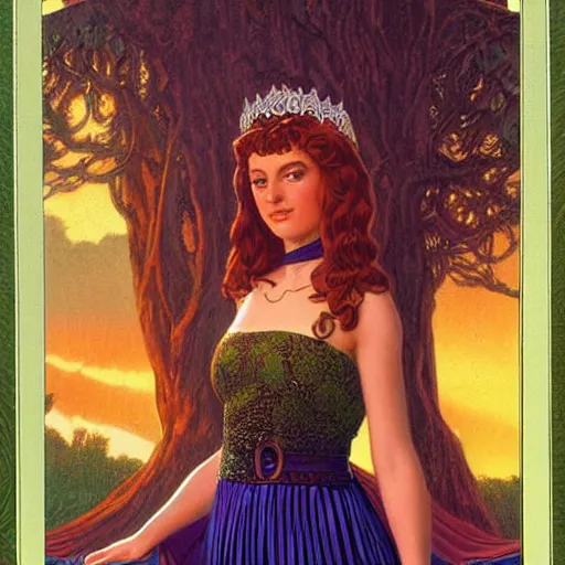 Prompt: A beautiful Queen of the Fae with brown hair wearing a pleated green dress and a silver diadem, original book cover art by Greg and Tim Hildebrandt