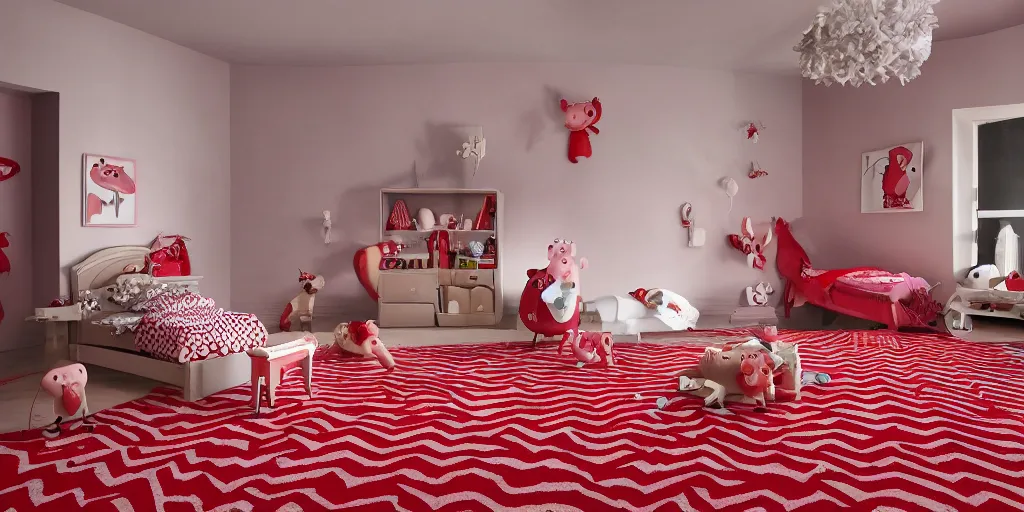 Prompt: peppa pig and pumbaa in the red room from twin peaks. black and white zig zag floor, strange