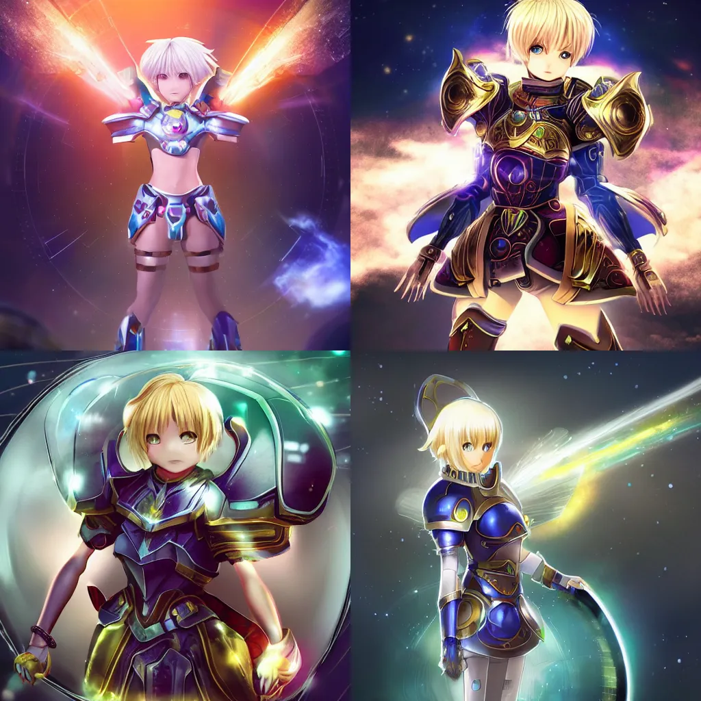 Prompt: a cute girl with short blonde hair, with many detailed shields made of magical energy orbiting in circles around her body, full body shot, fantasy anime, dramatic lighting