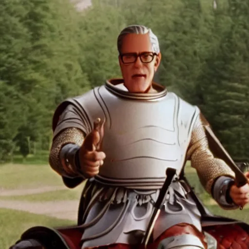 Prompt: Hank Hill as Ulrich von Liechtenstein in A Knight’s Tale, riding a lawn mower, on the moon, film still, anamorphic