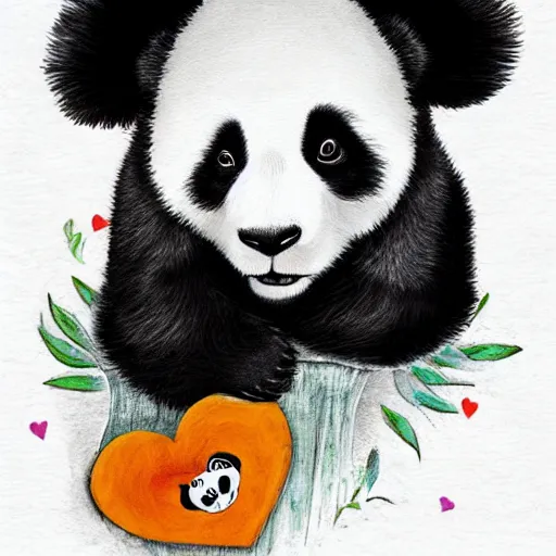 Prompt: a cute panda who is in love. The panda is wearing a tshirt with a big heart printed on it, digital art n-9