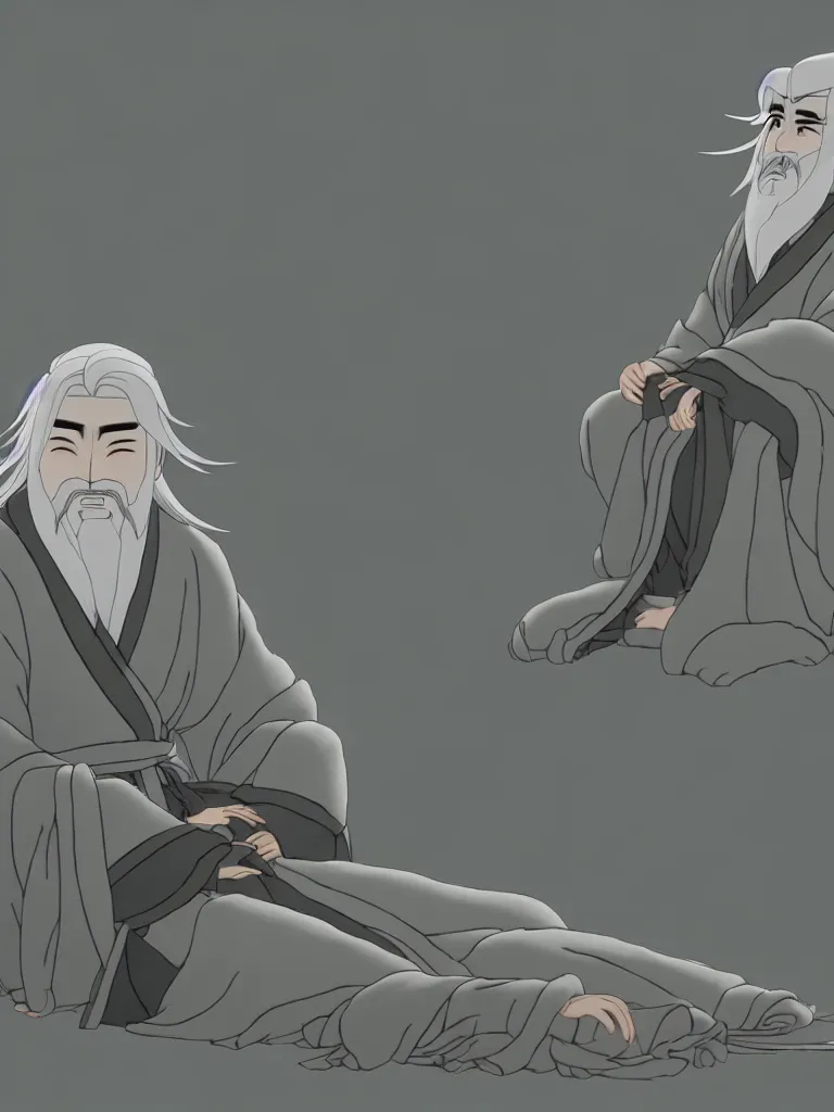 Image similar to the whole body of fuxi in chinese mythology, long white hair, long white beard, wu geng period animation style from china, wearing a grey robe, in style of makoto shinkai, raphael lacoste, akihito tsukushi, kind and solemn, sit on the ground, 3 d render, hyper detailed, 4 k hd