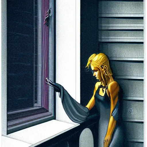 Image similar to modern urban vampire looking out her window from her apartment, by gerald brom