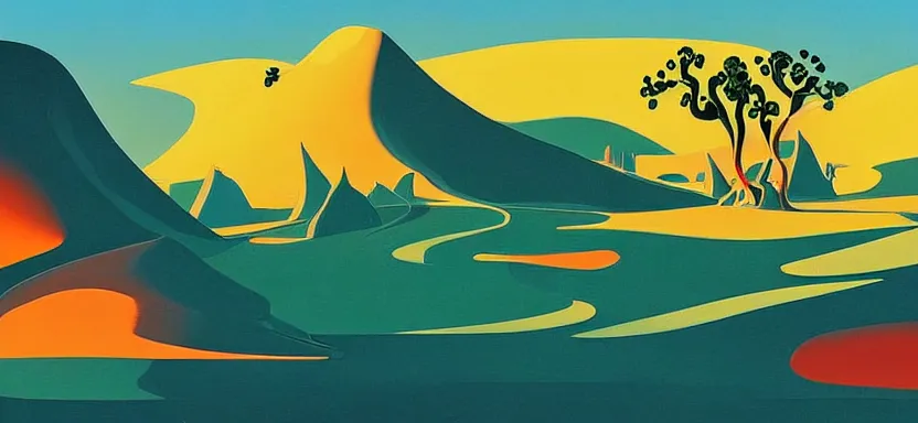 Image similar to a disney desert, painting by Eyvind Earle