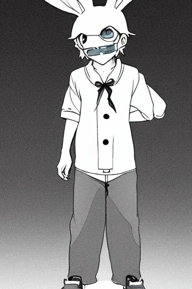 Prompt: attractive little boy wearing an bunny suit, black and white artwork in manga style, made by makoto shinkai