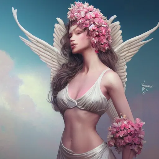 Image similar to expressive full body photo of sophia lauren as beautiful angel, smooth glowing skin, ornate headpiece made from pink flowers, glamour shot, by karol bak, by greg rutkowski, by artgerm, octane render, unreal engine, photorealistic, canon r 3, fashion photography