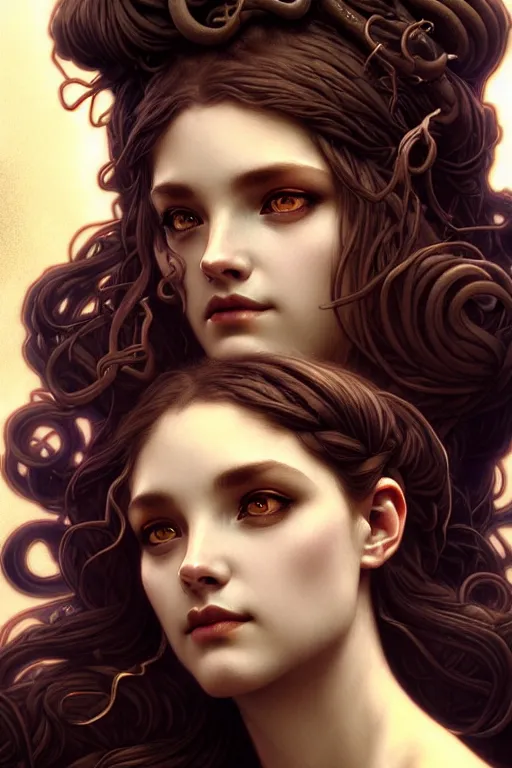 Image similar to greek medusa closeup filled background around face, fantasy magic, undercut hairstyle, dark light night, intricate, elegant, sharp focus, illustration, highly detailed, digital painting, concept art, matte, art by wlop and artgerm and greg rutkowski and alphonse mucha, masterpiece