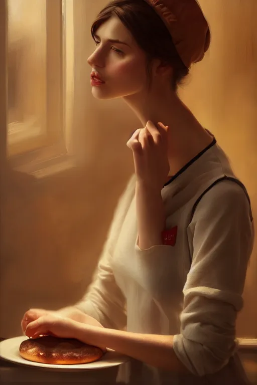 Image similar to portrait of a beautiful model in a bakery presenting a roll, dramatic lighting, highly detailed, digital painting, artstation, concept art, smooth, sharp focus, illustration, art by wlop, mars ravelo and greg rutkowski