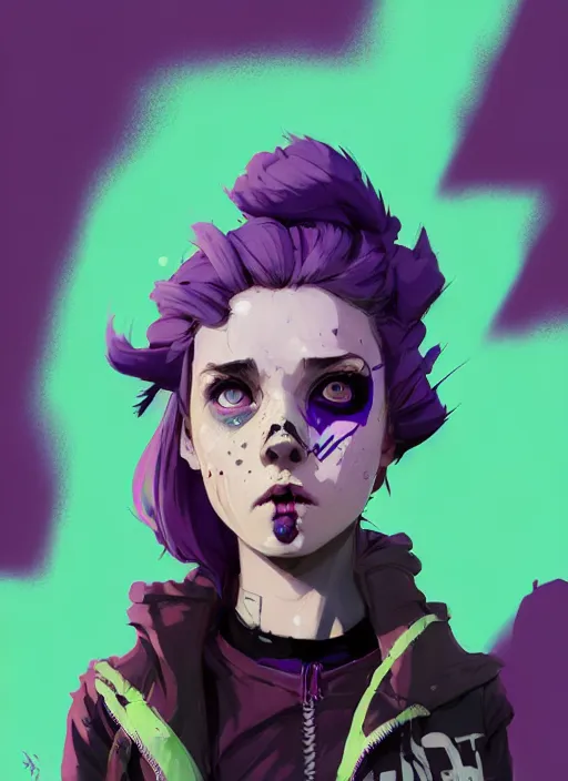 Image similar to highly detailed portrait of a sewer punk lady student, blue eyes, tartan hoody, purple hair by atey ghailan, by greg rutkowski, by greg tocchini, by james gilleard, by joe fenton, by kaethe butcher, gradient green, black, brown and magenta color scheme, grunge aesthetic!!! ( ( graffiti tag wall background ) )