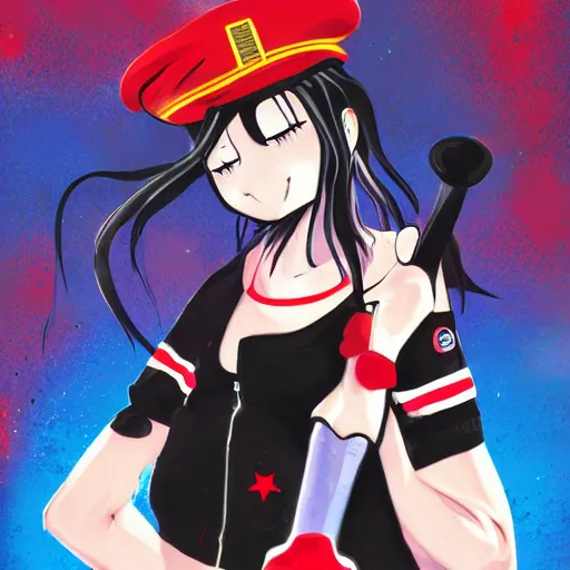 Image similar to Teenage girl, French girl, black beret, black beret with a red star, black shirt with red star, black leather shorts, rollerblading, rollerskates, city on a hillside, colorful buildings, anime, HD anime art