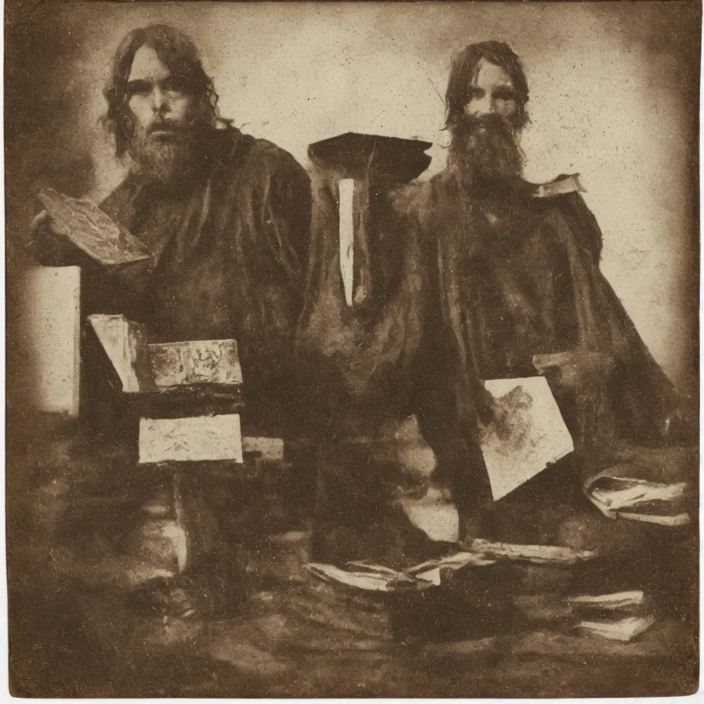 Image similar to tintype of a pagan cultist with occult books