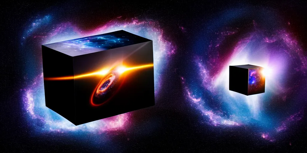 Image similar to A black cube projecting on its surface a black hole devouring galaxies and stars, floating In the middle of the ocean, Photography, Cinematic, Time-Lapse, Panorama, Field of View, 3-Dimensional, Hyperdimensional, 32k, Star, Cube, Powerful, Beautiful Lighting