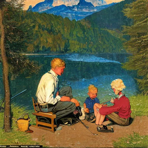 Image similar to painting of a blonde boy with blue eyes and his mother and father, fishing next to a high lake in Switzerland, forest, tent, golden hour, by Norman Rockwell,