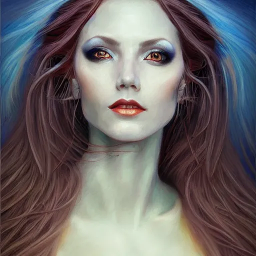 Image similar to portrait of a female wizard in flowing sensual dress, long flowing hair, delicate, looking at camera, slightly smiling, realistic face, stylish, elegant, extremely detailed painting inspired by Gerald Brom, studio lighting