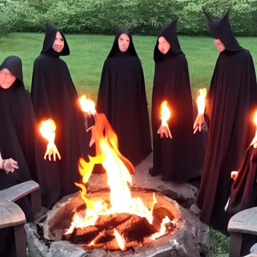 Image similar to a cult of black cloak wearing individuals summon a demonic kitten from the depths of a raging fire pit. Flames are emerging from fissures in the ground.