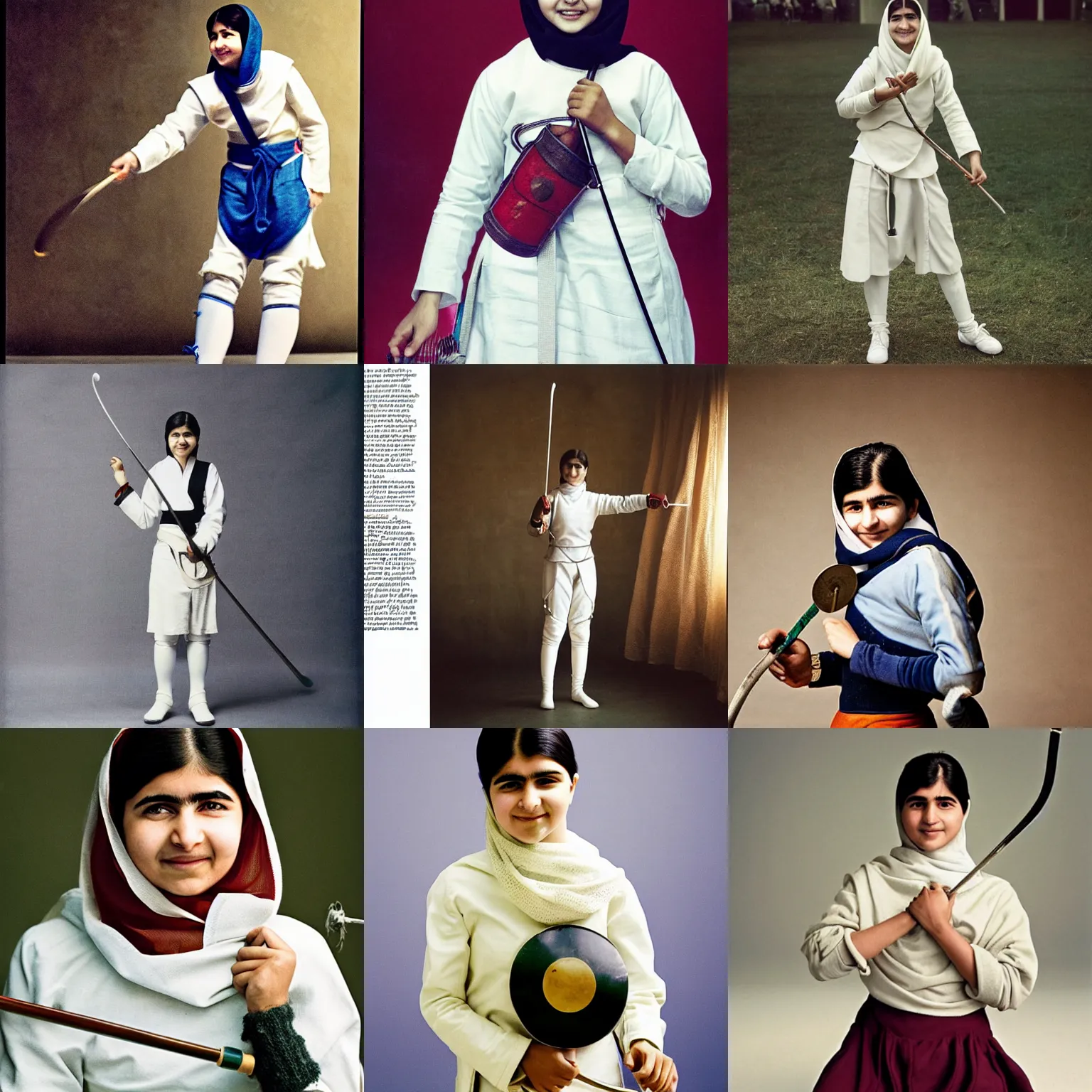 Prompt: Malala Yousafzai as a fencer, holding an epée, smiling, candid portrait photography by Annie Leibovitz