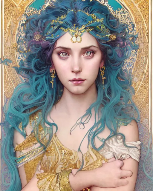 Prompt: a goddess with turquoise hair | highly detailed | very intricate | art nouveau | gold filigree | romantic storybook fantasy | soft cinematic lighting | award - winning | disney concept art watercolor illustration by mandy jurgens and alphonse mucha and alena aenami | pastel color palette | featured on artstation