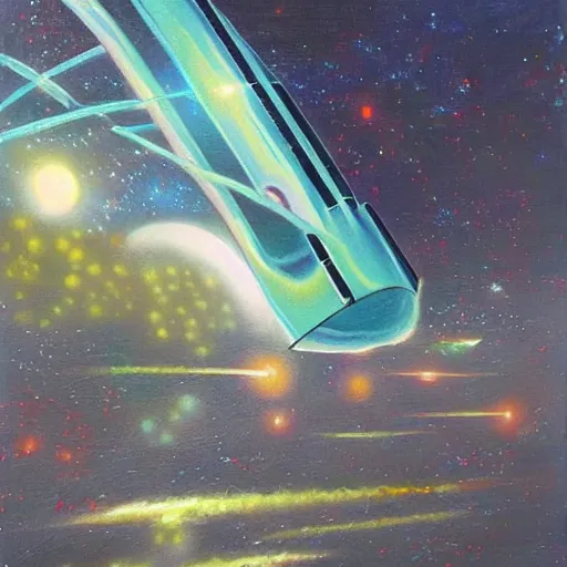 Prompt: 70s oil painting of the future, sci fi painting
